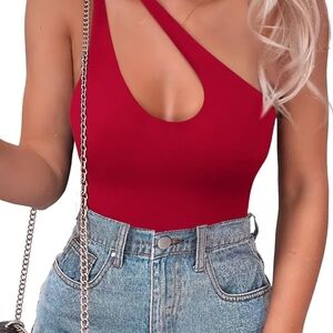 SAUNGKUAI Women's RED Sexy One Shoulder Cutout Thong Bodysuit Tank Top